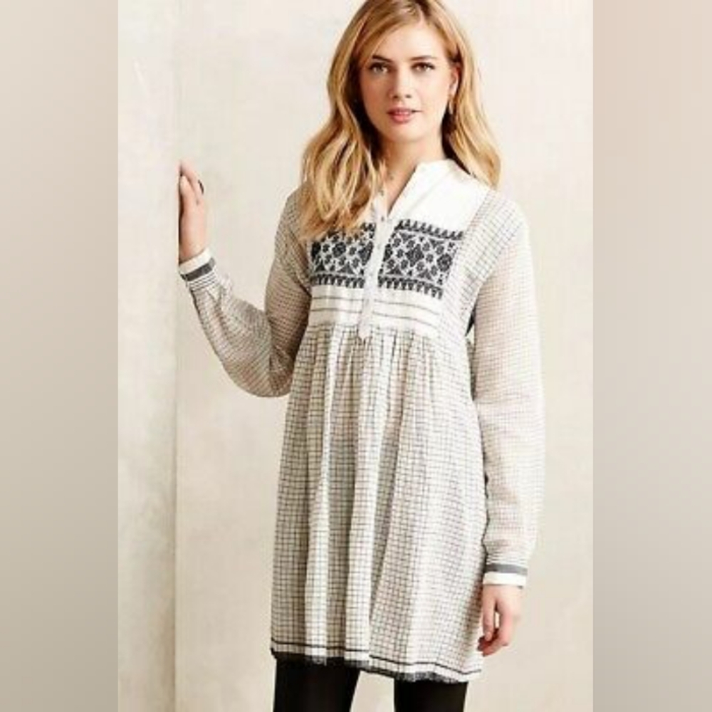 Ethical NWD XS Injiri Grid Stripe Gingham Embroidered Smock Tunic White Cotton